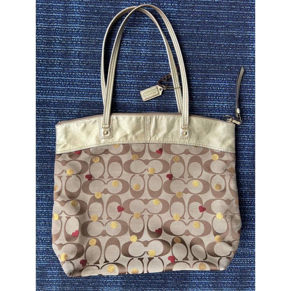 Coach "Laura Admirer" Multi Gold Jacquard Signature Hearts & Dots Tote F18870 - Picture 2 of 11